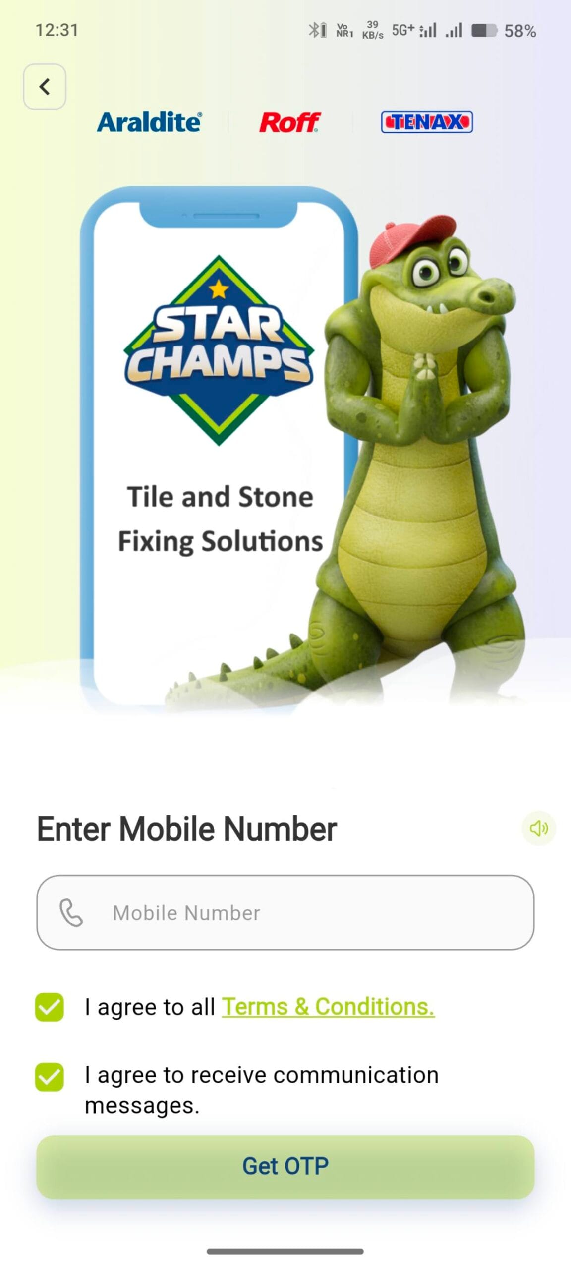 Star Champs app registration screen mobile number OTP verification